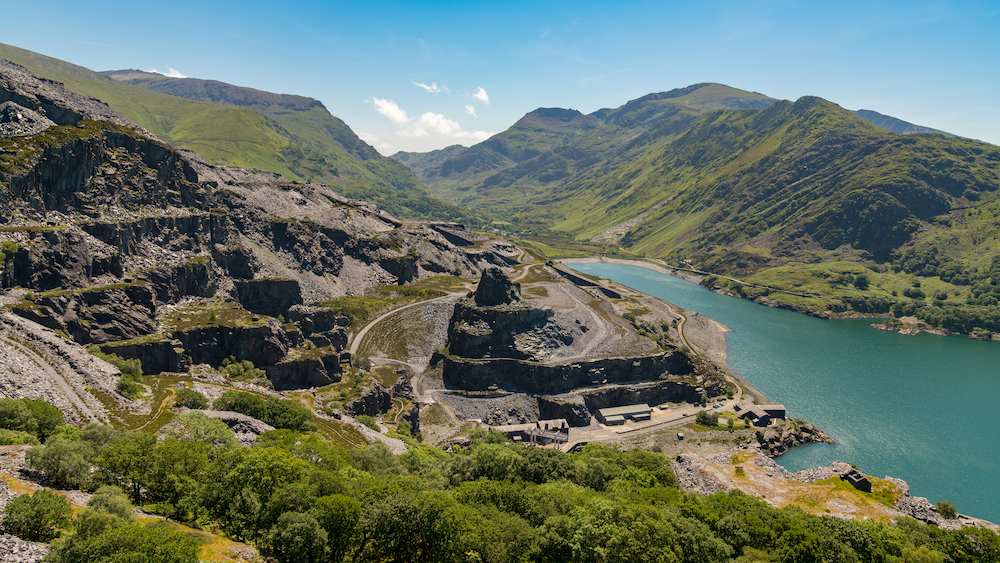 View from Dinorwic Quarry, near Llanberis, Gwynedd, Wales, UK - with Llyn Peris, the Dinorwig Power Station Facilities and Mount Snowdon in the background